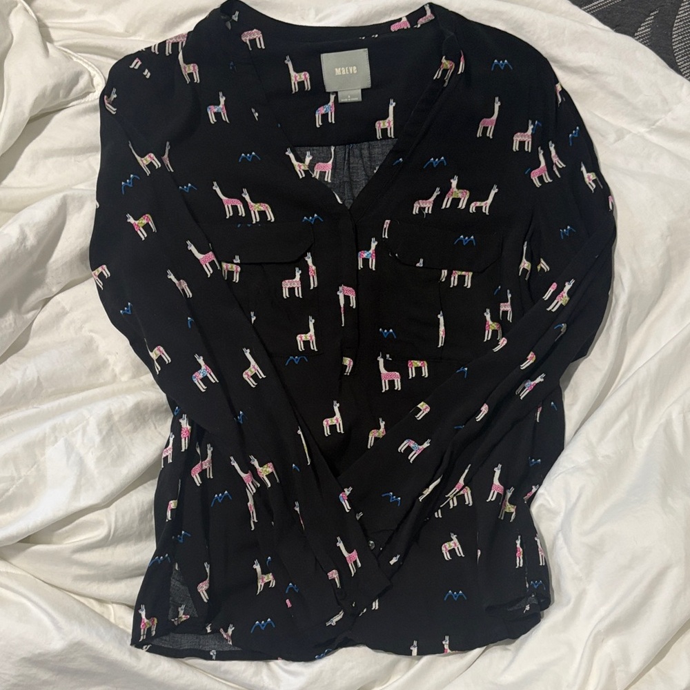 Maeve Black Blouse with Llama Print